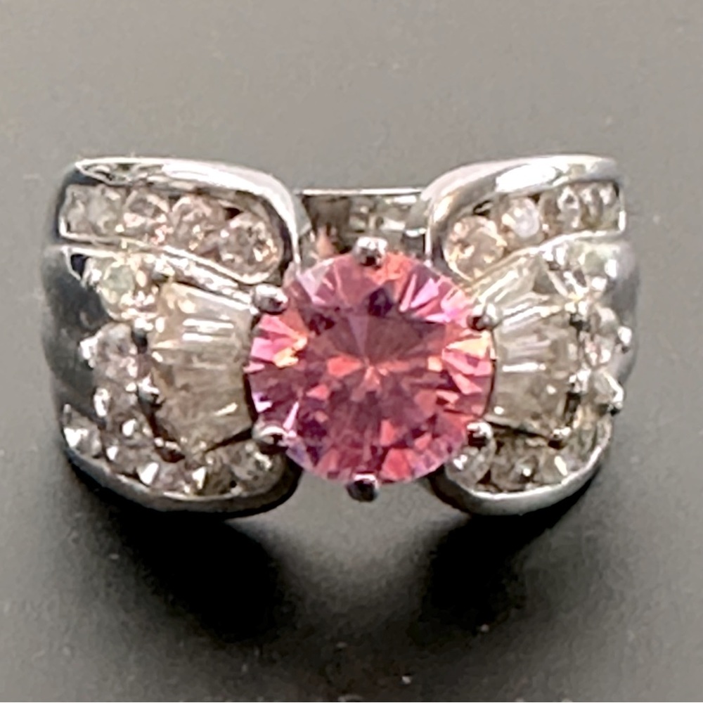 STERLING SILVER & PLATINUM PLATE PINK & WHITE CZ RING